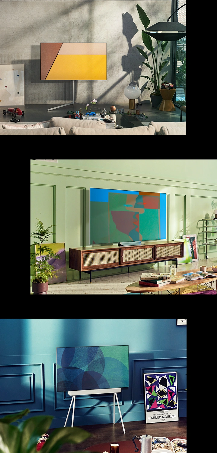 Ein LG OLED TV mit Gallery-Standfuß steht in einem modern und minimalistisch eingerichteten Raum. Ein LG OLED TV mit schwenkbarem Standfuß steht in einem Raum. Ein LG OLED TV mit Gallery-Standfuß steht in einem gemütlich eingerichteten Raum