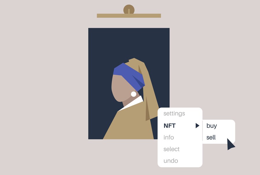 A web menu option of buying or selling an NFT overlayed on a sample art image