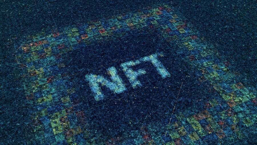 A mosaic creating 'NFT' in white letters surrounded by a green square on a navy background