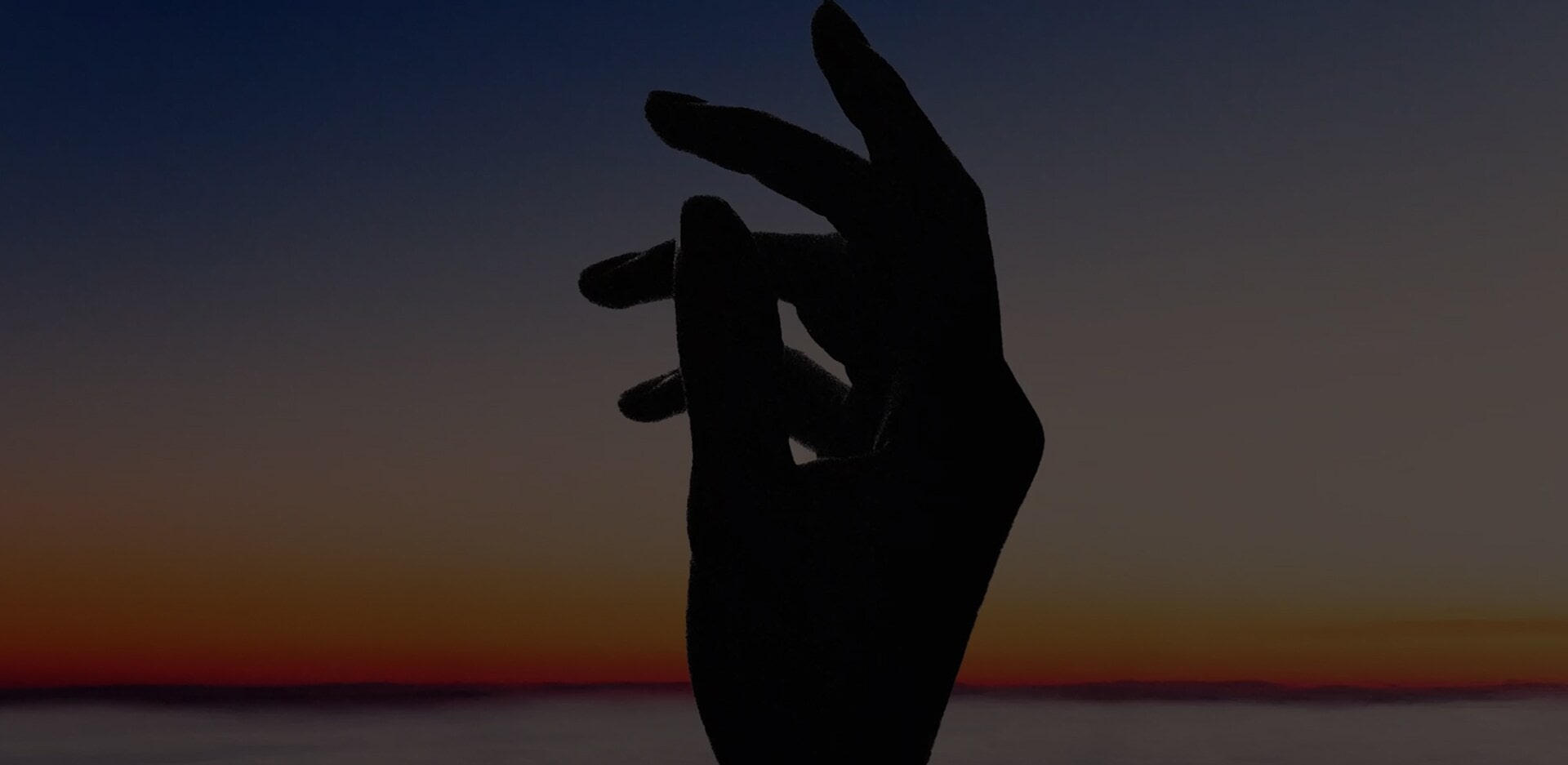 A silhouette of a hand in front of a beach at sunset