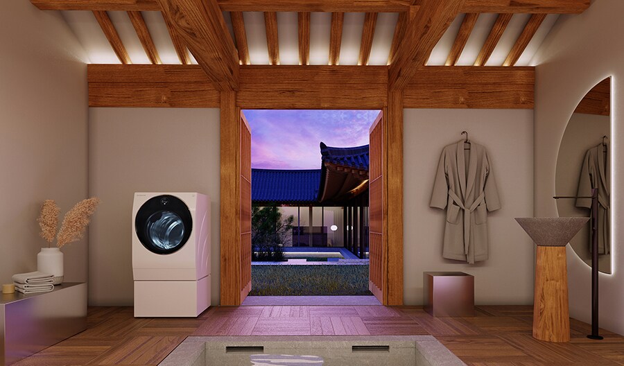 LG SIGNATURE TWINWash® Washer Dryer Combo is placed in the bathroom of Hanok, Korean traditional house, with a view of the beautiful sunset.