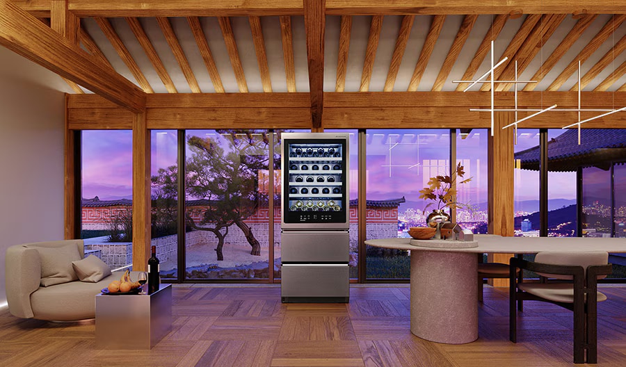 LG SIGNATURE Wine Cellar is placed in the kitchen of Hanok, Korean traditional house, with a city backdrop of Seoul.