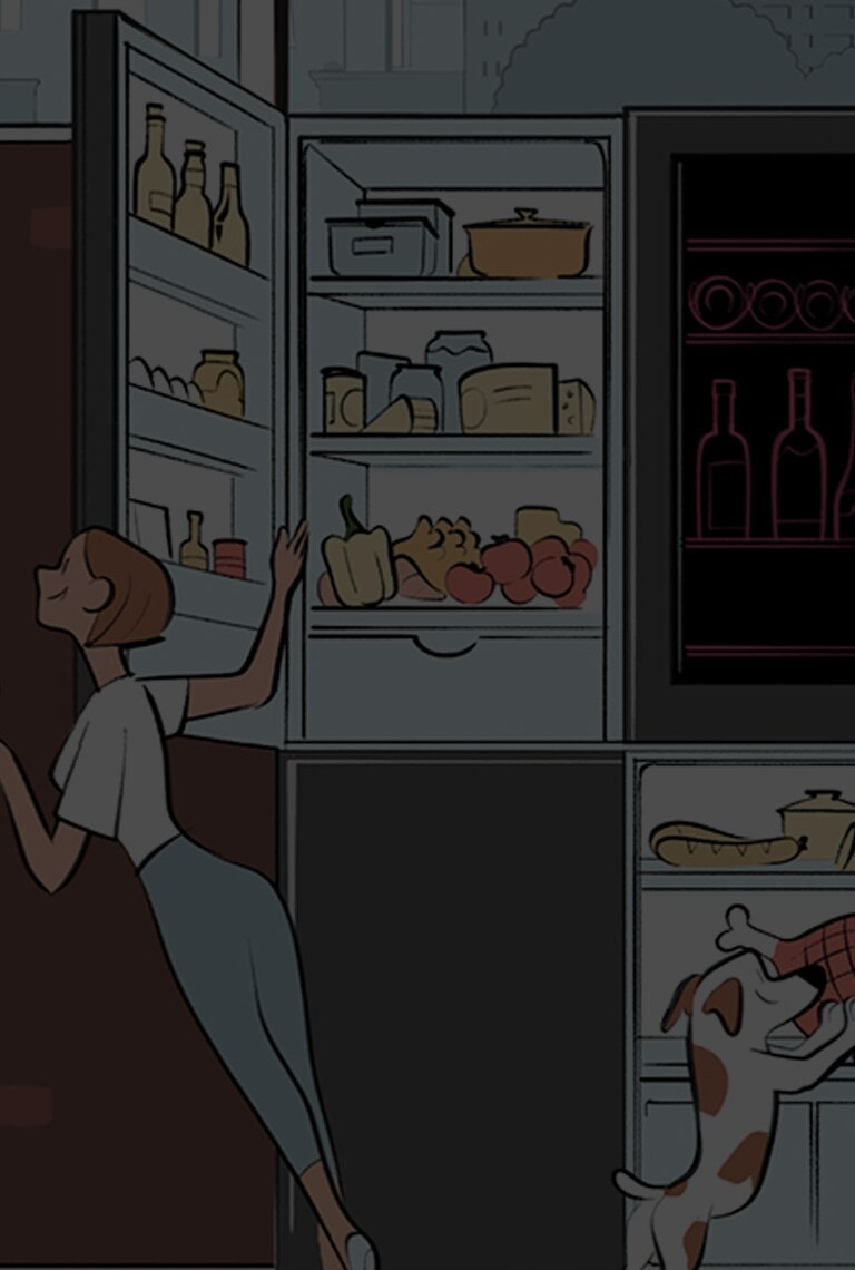 Cartoon image of two people cooking next to the LG SIGNATURE Refrigerator