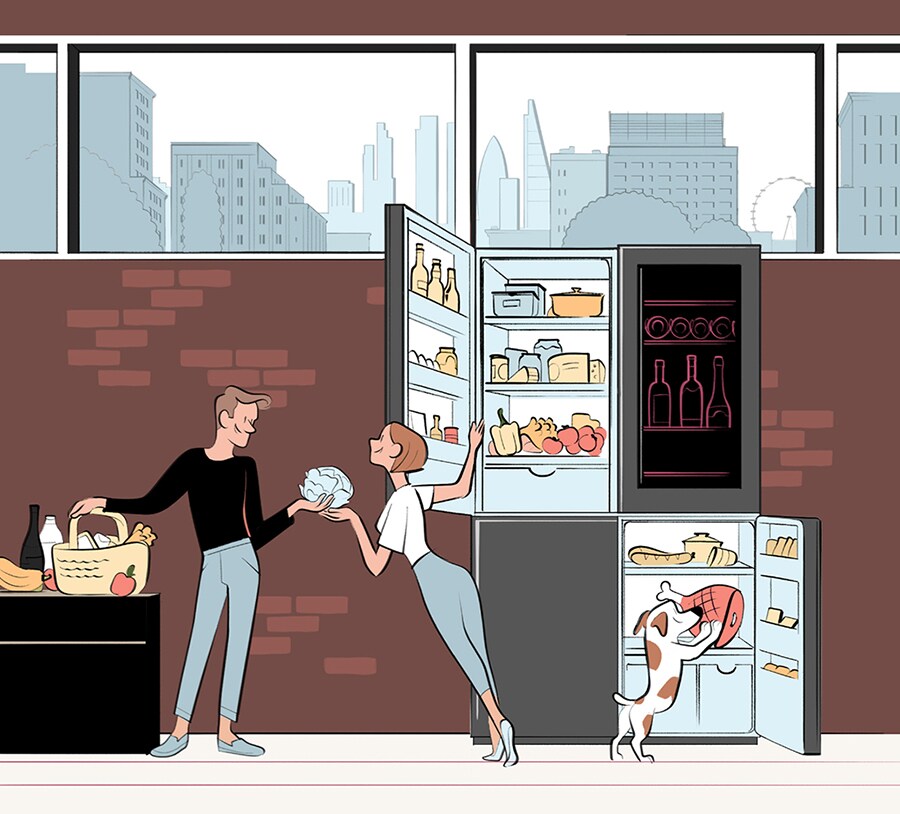 Cartoon image of two people cooking next to the LG SIGNATURE Refrigerator