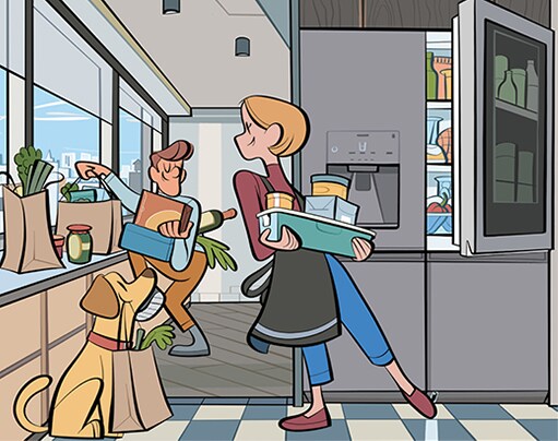 An illustration of a couple and their dog, all three of them holding an abundance of groceries. To the side is the Refrigerator, open from a foot movement with no touching involved.