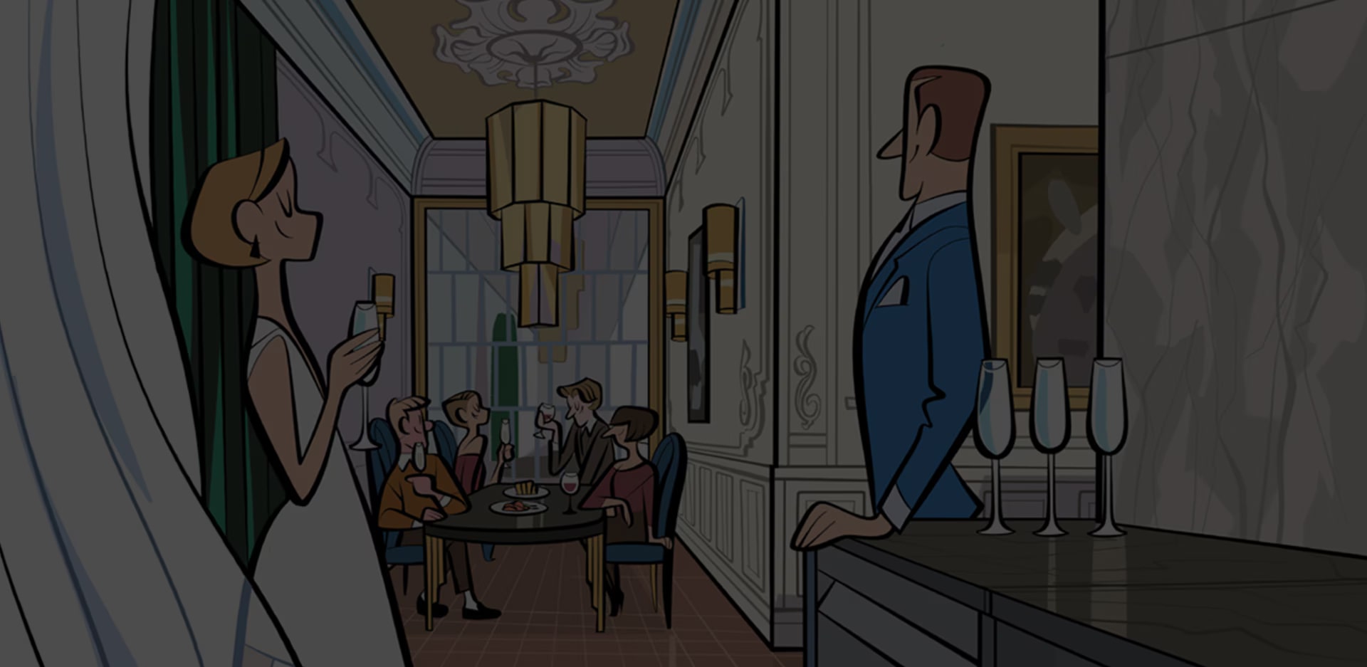 An illustration of a high-end home supper feast with guests seated dining under a chandelier.