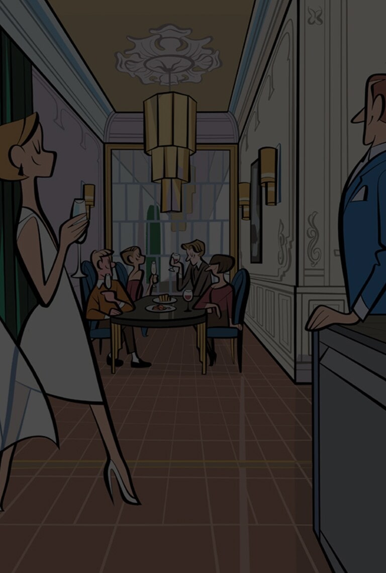 An illustration of a high-end home supper feast with guests seated dining under a chandelier.