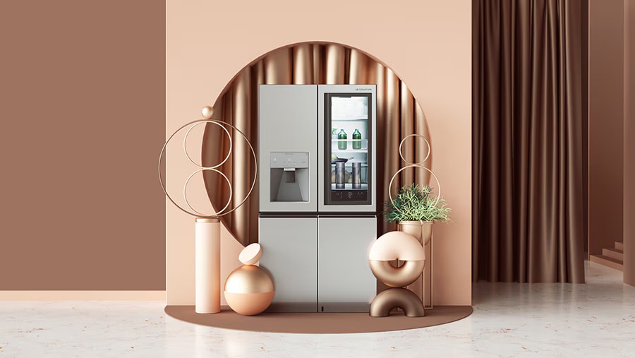 Front view of LG SIGNATURE Refrigerator is on the floor with artistic props.