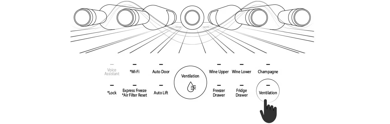 The illustration showing a finger icon pressing the 'Ventilation' option on LG SIGNATURE Wine Cellar glass touch display.