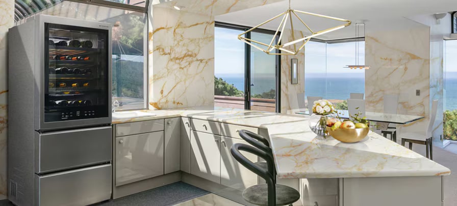 LG SIGNATURE Wine Cellar within a marble kitchen