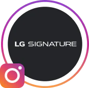 The LG SIGNATURE logo imposed on a black background surrounded by a circle with the instagram logo.