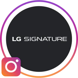 The LG SIGNATURE logo imposed on a black background surrounded by a circle with the instagram logo.