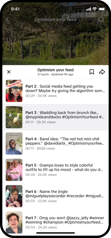 Imagem da tela da lista de reprodução lge_lifesgood do TikTok, Optimism your feed.