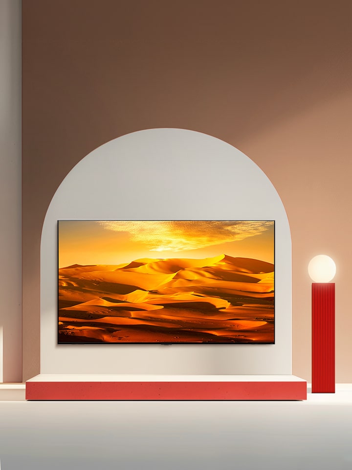 Imagem da LG OLED TV (75qned90sqa) instalada em uma estrutura de display.