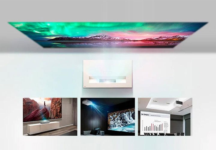 Projetor LG versátil exibe diferentes ambientes, demonstrando sua adaptabilidade para apresentações comerciais e de entretenimento residencial.