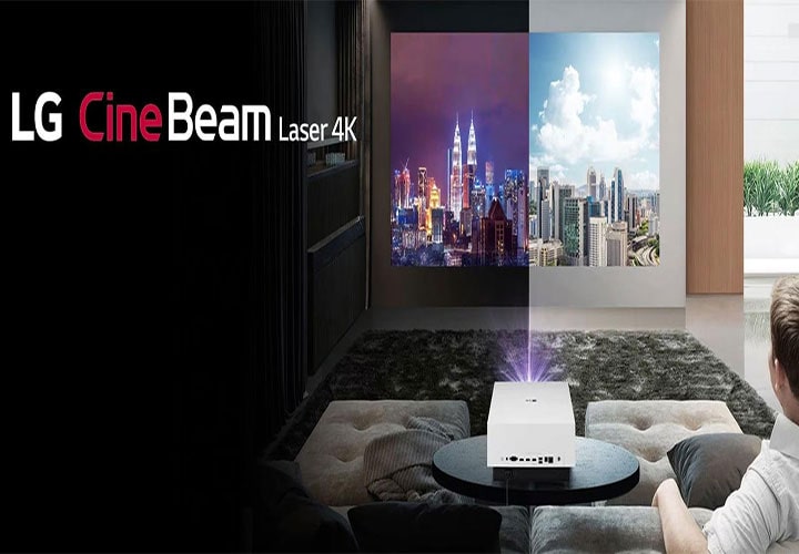 Projetor LG CineBeam Laser 4K exibe imagens nítidas de uma cidade com cores vibrantes, demonstrando a capacidade de alta resolução para uso residencial.