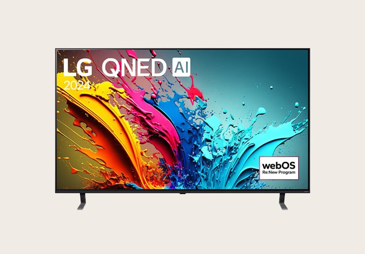 TV LG QNED AI 2024 exibindo cores vibrantes na tela, destacando a tecnologia avançada QNED Colour. O design moderno e minimalista conta com pés pretos e suporte ao programa webOS Re:New Program.
