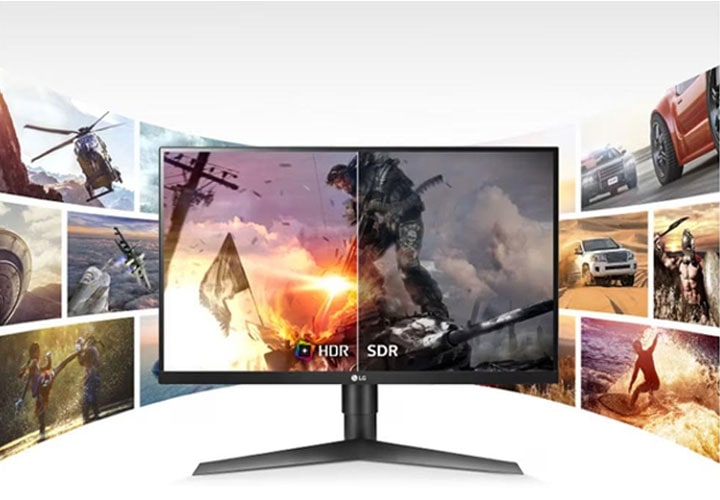 Monitor gamer LG de baixo custo exibe uma comparação entre HDR e SDR, destacando a experiência imersiva de jogo e os amplos ângulos de visualização.