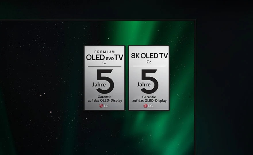 Die Logos für die für Z2 und G2 geltende Garantie erscheinen auf dem Bildschirm des LG-OLED-Fernsehers