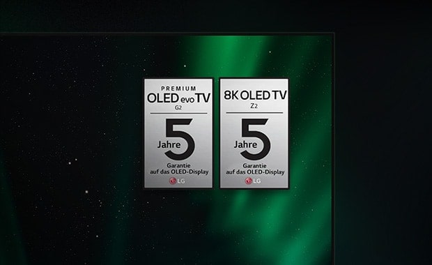 Die Logos für die für Z2 und G2 geltende Garantie erscheinen auf dem Bildschirm des LG-OLED-Fernsehers
