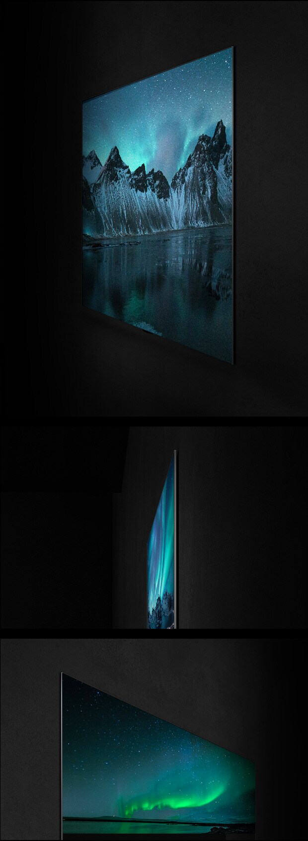 Se muestra un televisor LG OLED instalado en la pared desde varios ángulos que enfatizan el diseño Gallery y la parte posterior plana