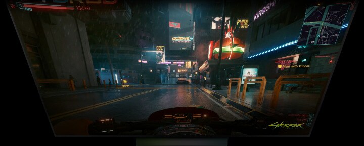 Un televisor LG OLED muestra la escena de un juego cyberpunk, y debajo aparece el símbolo de Wi-Fi en fluorescente