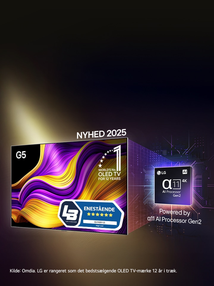 Billede af OLED evo-TV med L&B-logo og teksten "enestående" samt fem guldfarvede stjerner nedenunder. I et hjørne af TV'et står der "Verdens nr. 1 OLED-TV i 12 år". Ved siden af TV'et er der en chip med teksten "A11", og nedenunder står der "drevet af A11 AI-processor Gen2".