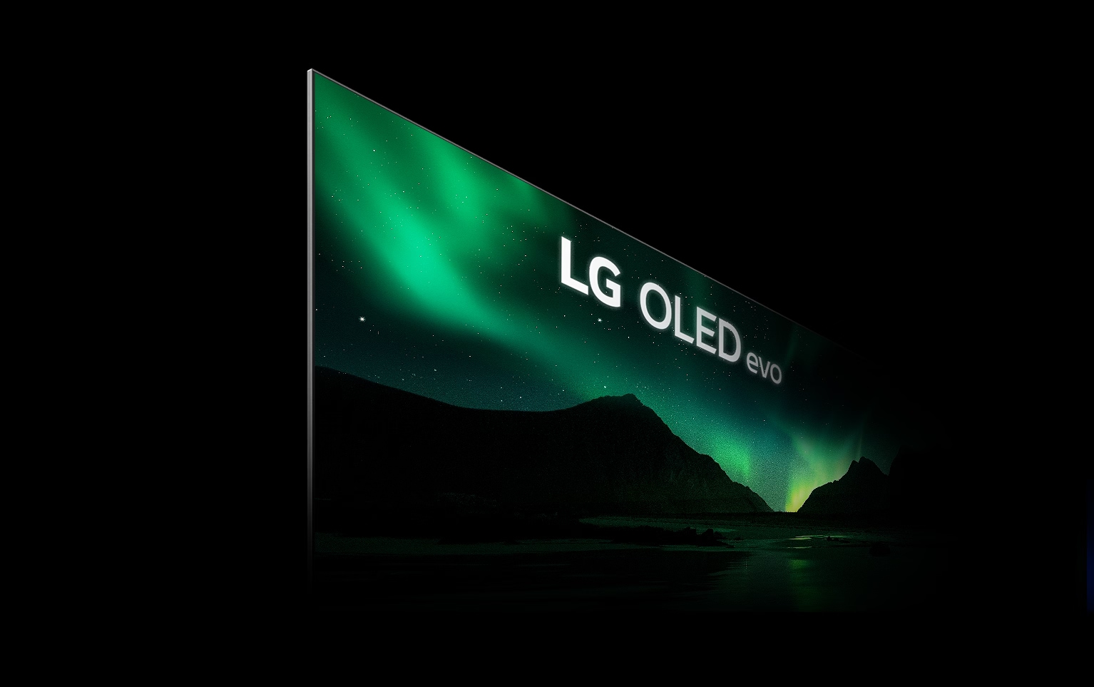 Imagen del borde izquierdo de un televisor LG OLED aparece mostrando la escena de una aurora boreal.