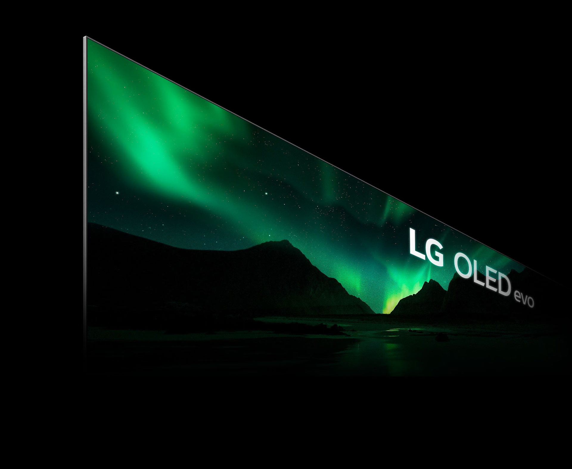 Imagen del borde izquierdo de un televisor LG OLED aparece mostrando la escena de una aurora boreal.