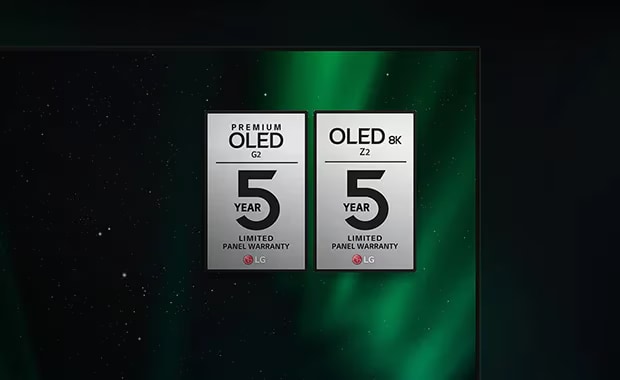 The Z2 and G2 warranty logos appear on the LG OLED television screen