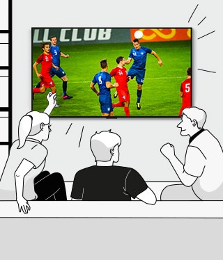 An illustration of several people watching soccer in the living room together is shown.