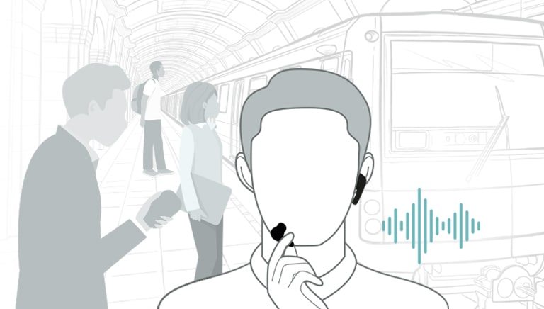 An illustration of a person talking on the phone holding an earbud with a subway background.