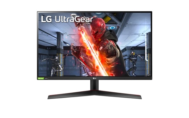 Front view of a 27-inch LG UltraGear gaming monitor.