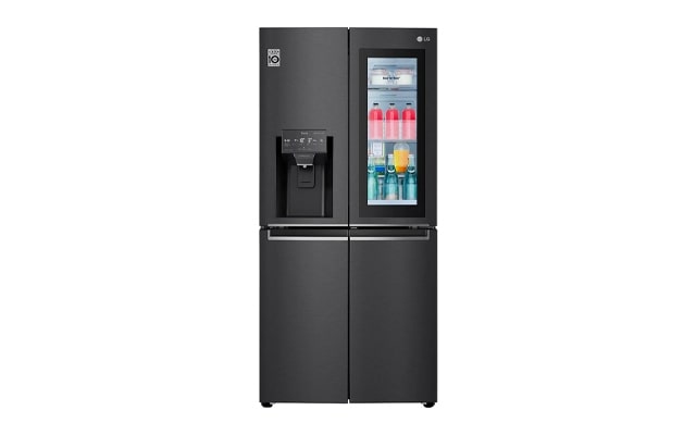 Front view of a matte black LG InstaView slim multi-door fridge freezer. 