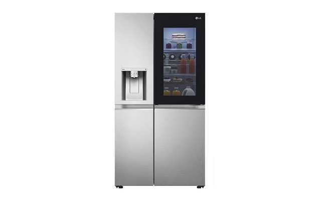 Front view of a silver LG InstaView smart refrigerator.