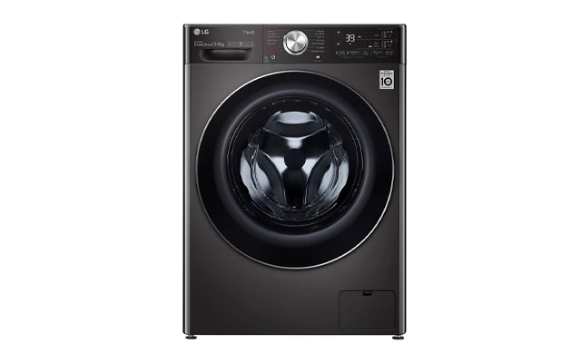Front view of a black FWV1128BTSA LG washing machine.