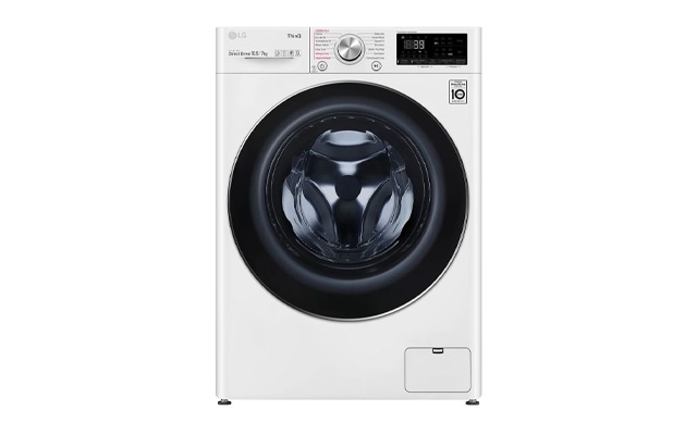 Front view of a white FWV917WTSE LG washing machine.