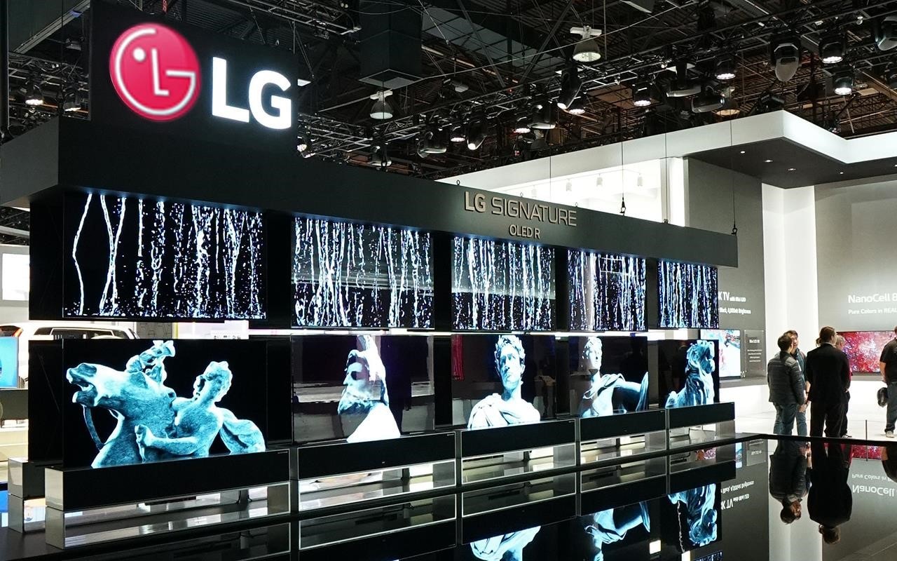 Multiple LG SIGNATURE Rollable OLED TVs at CES 2020.