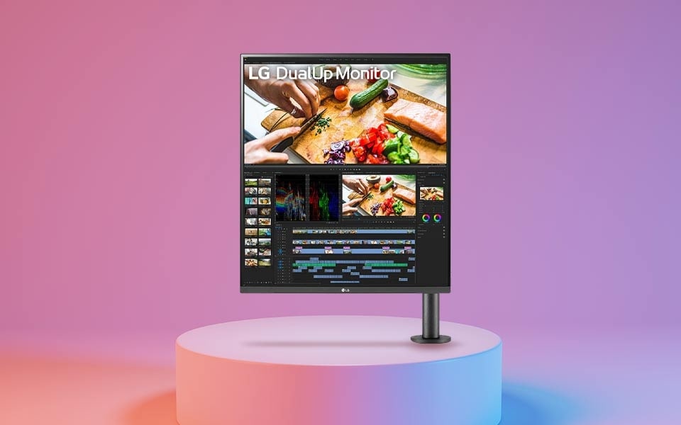 A 27.6” 16:18 LG DualUp ergonomic eye-friendly monitor with Ergo Stand