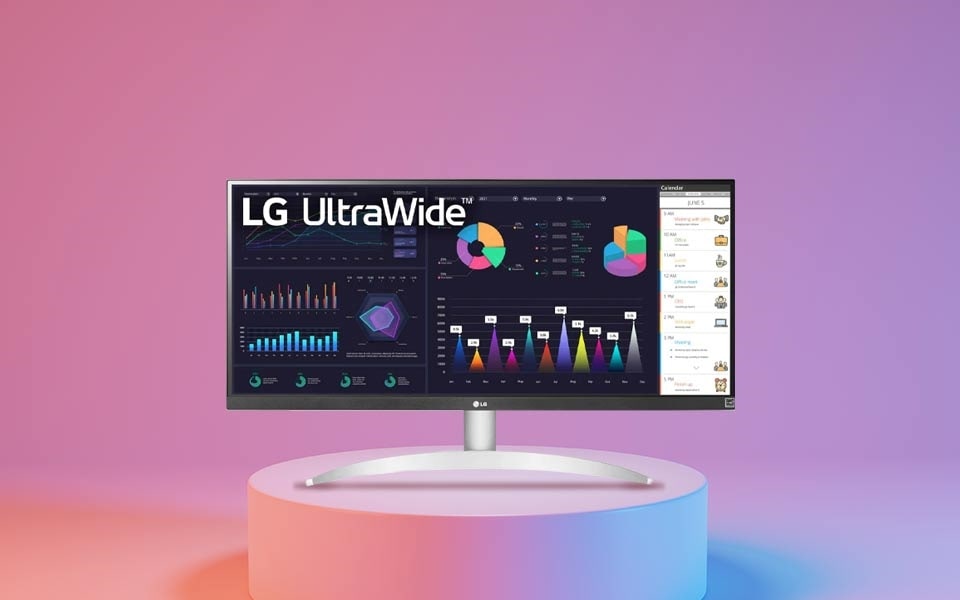 A 34” LG 21:9 UltraWide Full HD IPS monitor with blue light filter