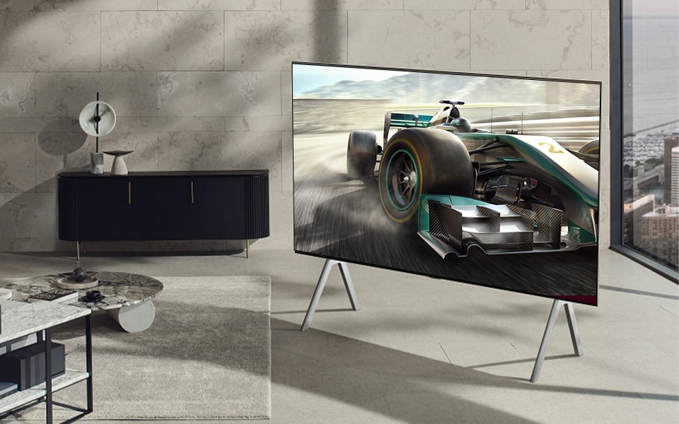 A floor-standing large OLED TV with a high refresh rate