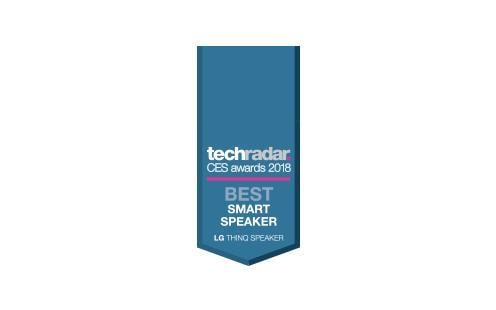 TechRadar CES awards 2018 Best Smart Speaker, awarded to LG ThinQ Speaker, on white background