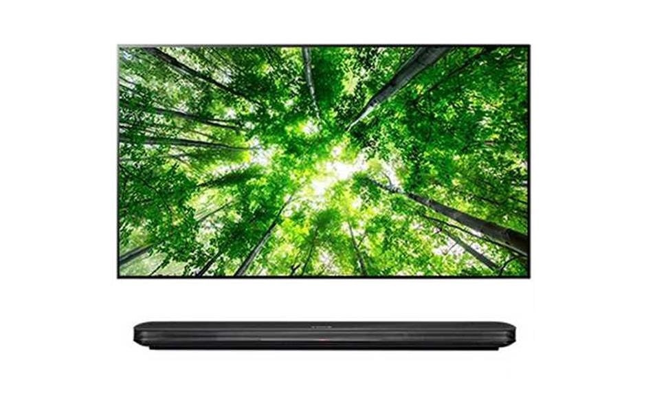 LG SIGNATURE OLED W8 Wallpaper TV with soundbar on white background