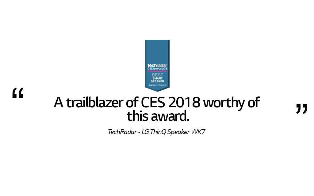 TechRadar review of Lg thinQ WK7 Speaker, with the TechRadar CES awards 2018 Best Smart Speaker award above, over white background