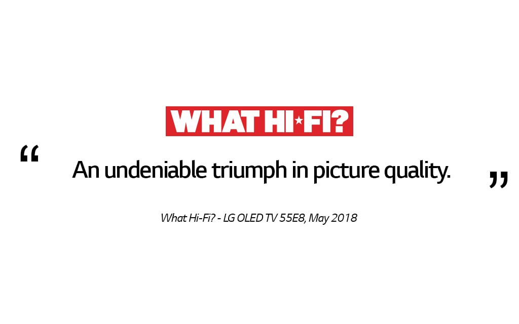 What Hi-Fi? review of LG OLED TV 55E8 concentrating on the high picture quality, over a white background