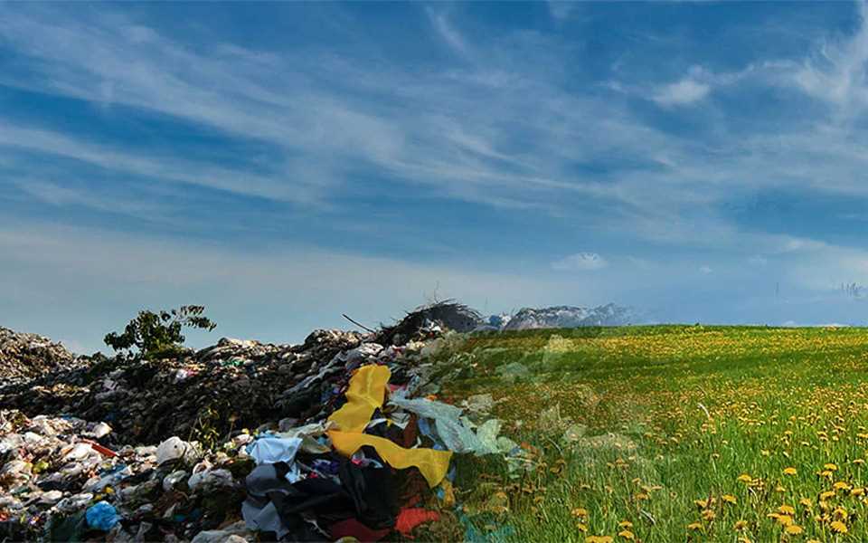 A comparison image of landfill and a green meadow.