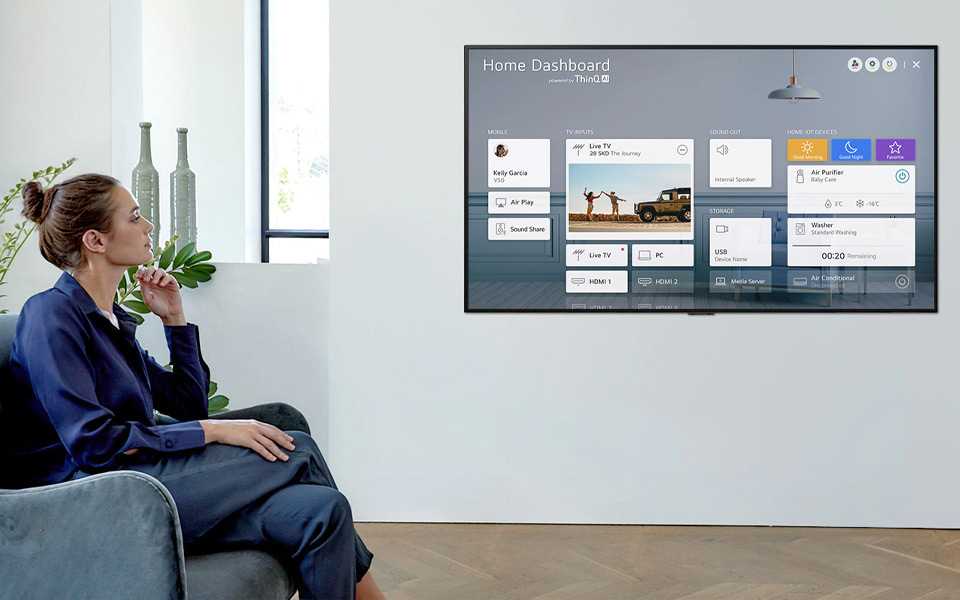 A woman looking at the ThinQ dashboard on her LG TV