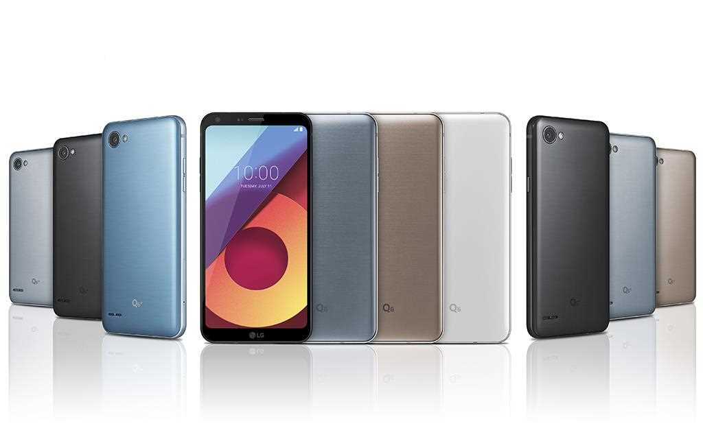A group photo of LG Q6 product in astro black, ice platinum, Mystic White, Terra Gold set in a dynamic angle.