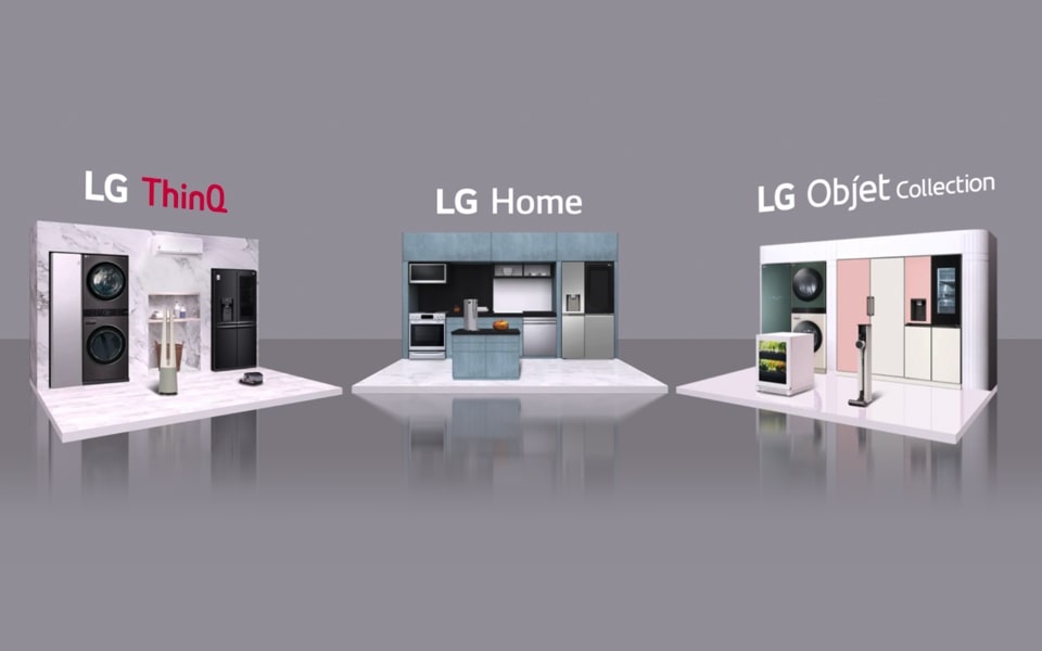 Illustrations of the CES 2022 LG ThinQ, LG Home and LG Objet virtual showrooms.