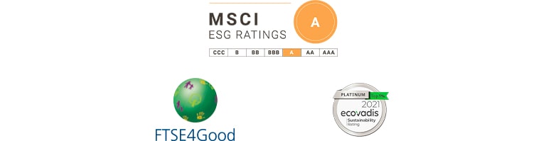MSCI ESG logo, FTSE4Good logo, 2020 Eco Vadis logo